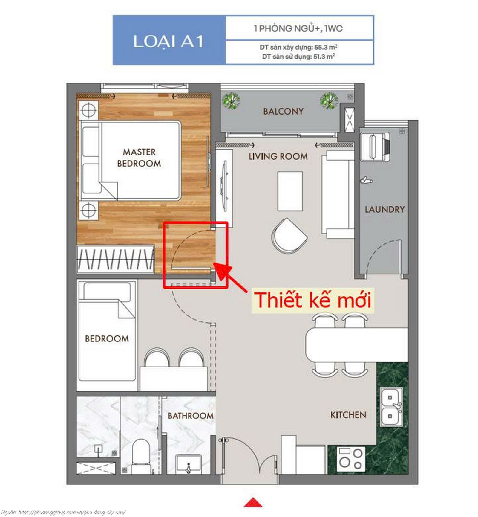 Điều chỉnh thiết kế mới layout căn hộ 1PN+ Loại A1 thay đổi hướng cửa phòng ngủ, áp dụng cho giao dịch từ 01/12/2025.