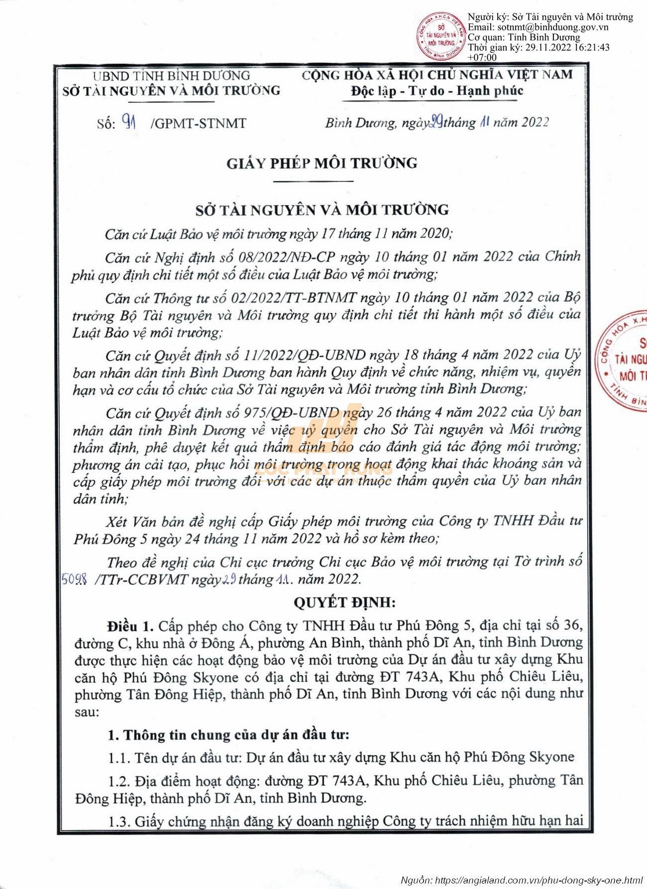 Giấy Phép Môi Trường Của Dự Án Phú Đông SkyOne.