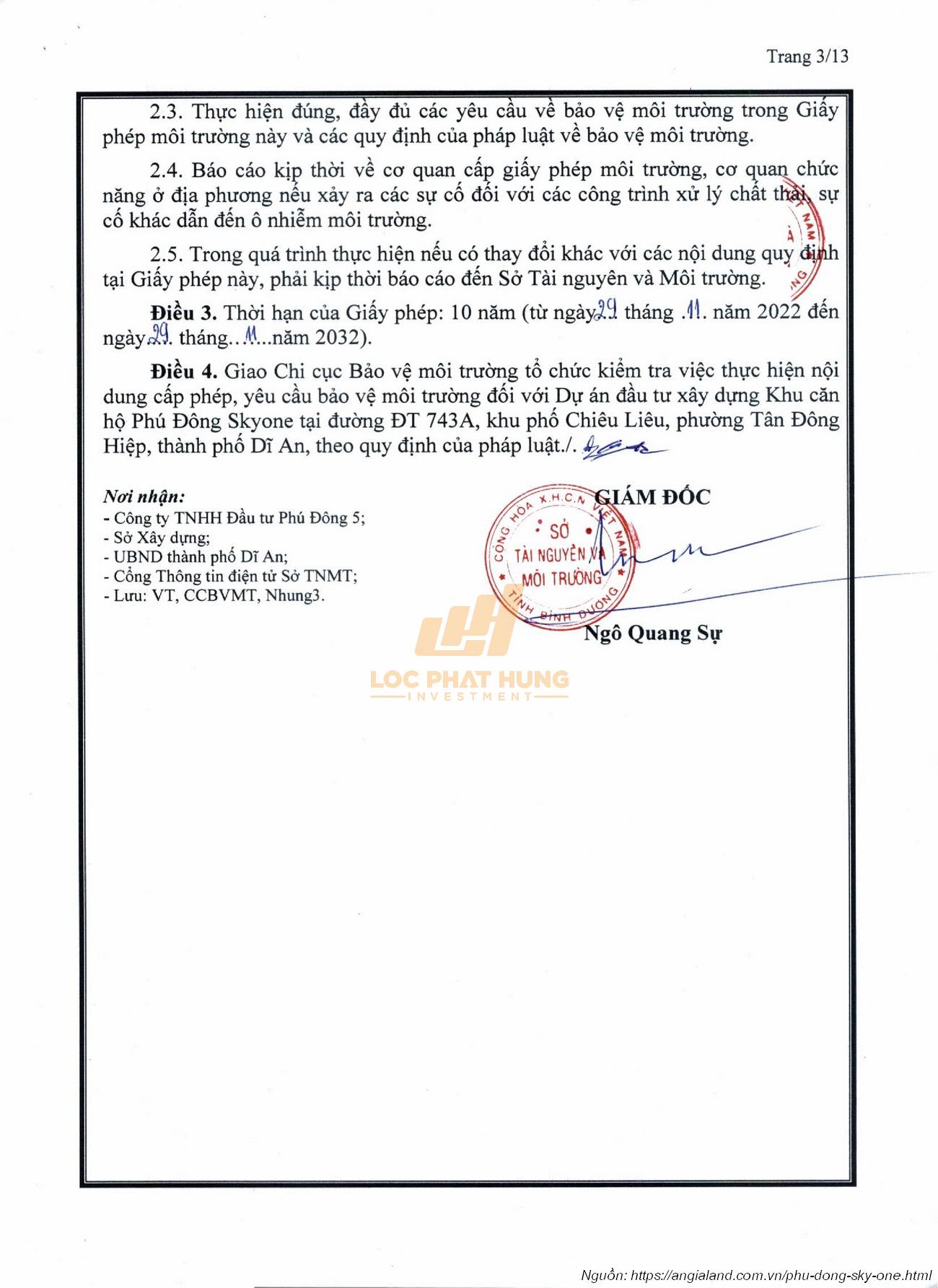 Giấy Phép Môi Trường Của Dự Án Phú Đông SkyOne.