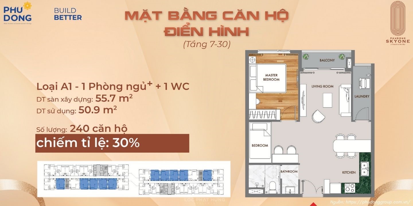 Thiết Kế Căn Hộ Chung Cư Phú Đông Sky One Dĩ An - Loại 55,7m2