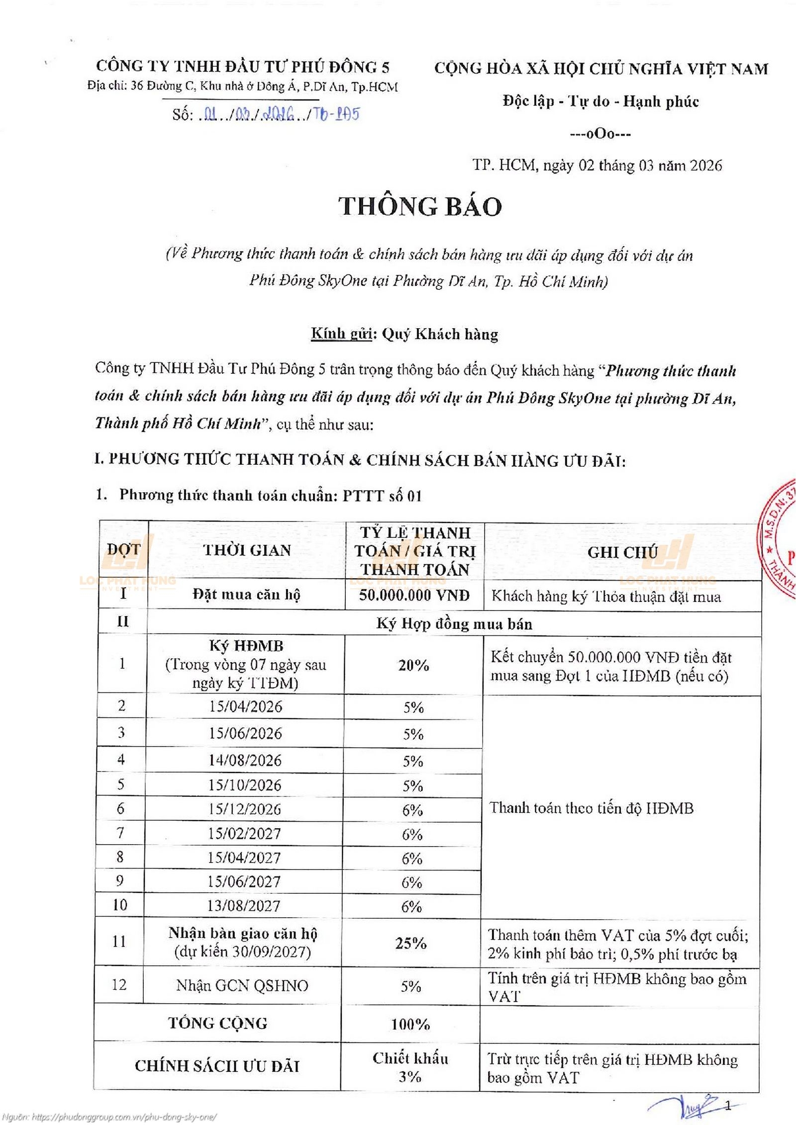 Phương thức thanh toán và chính sách ưu đãi Khai Xuân Đắc Lộc dự án Phú Đông SkyOne tháng 03/2026
