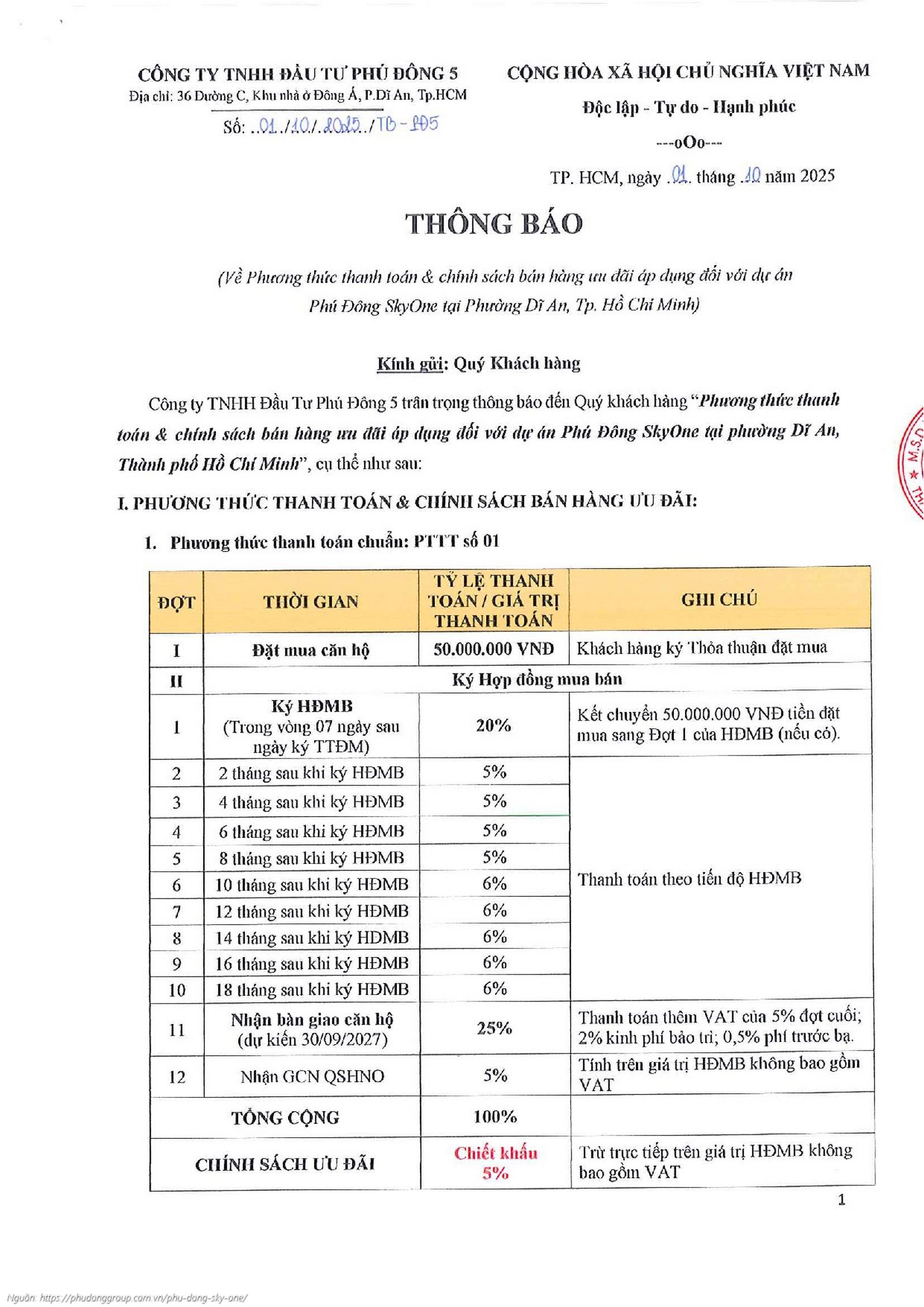 Phương thức thanh toán tháng 10/2025 dự án Phú Đông SkyOne