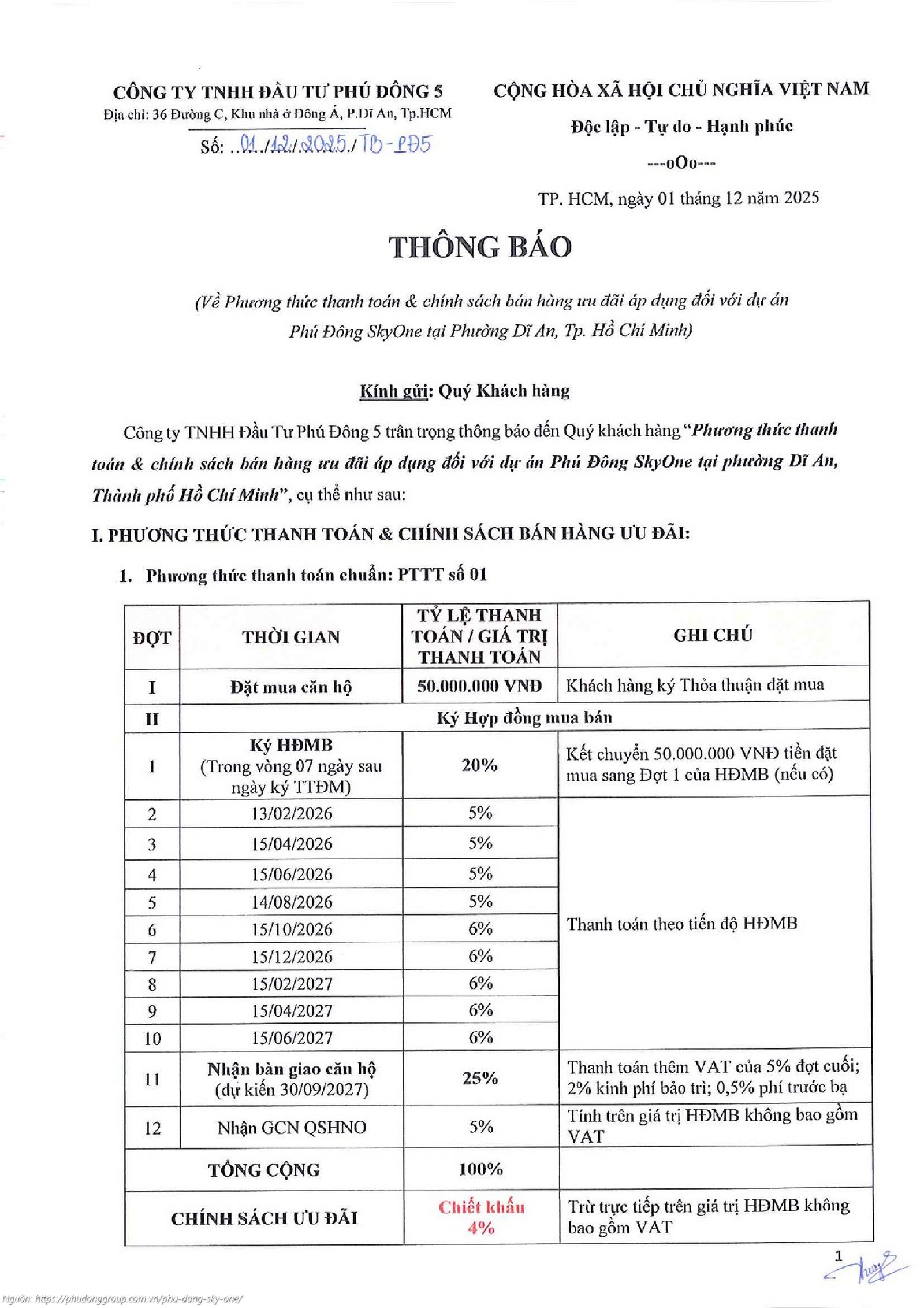 Phương thức thanh toán và chính sách ưu đãi dự án Phú Đông SkyOne áp dụng từ ngày 01/12/2025 - Thanh toán 10% nhận nhà