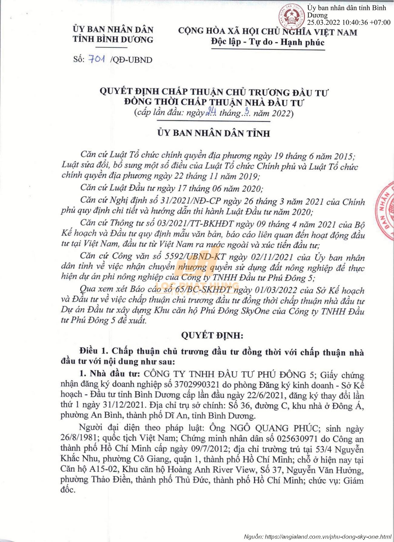 Văn bản Quyết định Chấp thuận chủ trương đầu tư Phú Đông SkyOne: Nền tảng pháp lý đầu tiên.
