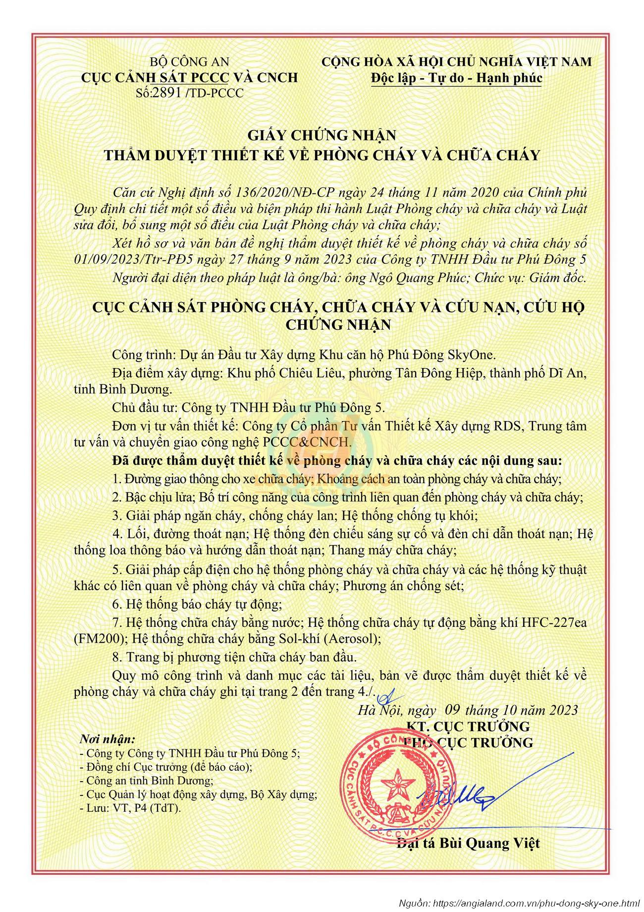 Giấy chứng nhận thẩm định phòng cháy chữa cháy dự án Phú Đông Sky One Dĩ An