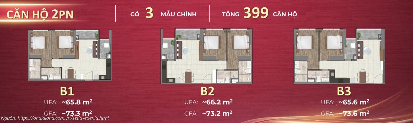 Mặt bằng căn hộ 2PN (2 phòng ngủ) dự án Setia Edenia (Loại B1: ~73.3m², B2: ~73.2m², B3: ~73.6m²)