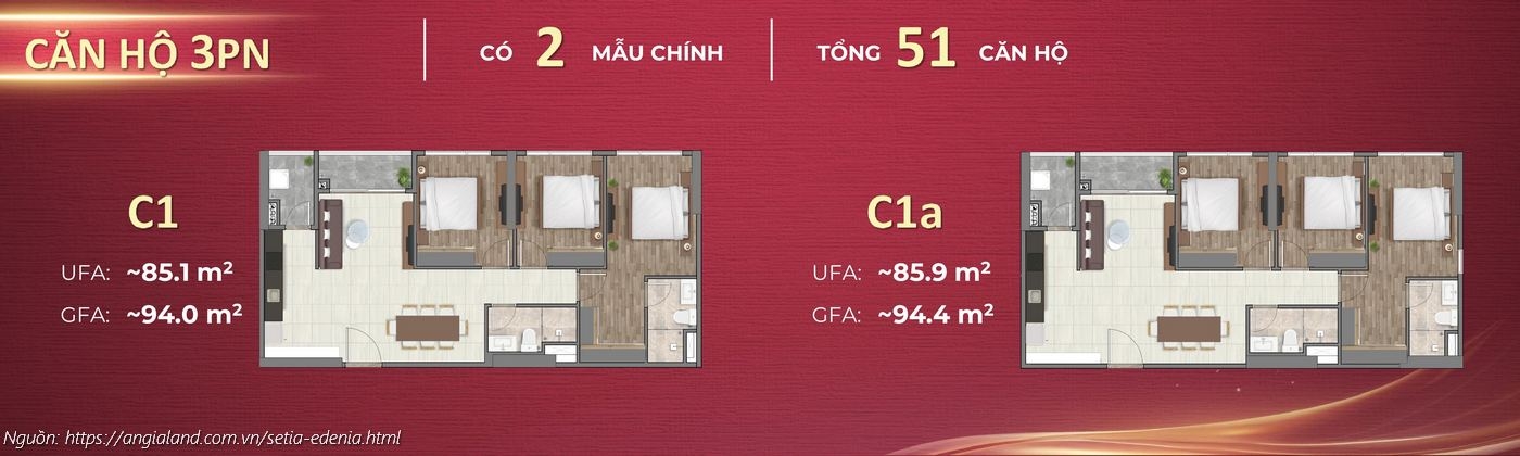 Mặt bằng căn hộ 3PN (3 phòng ngủ) dự án Setia Edenia (Loại C1: ~94.0m², C1a: ~94.4m²)