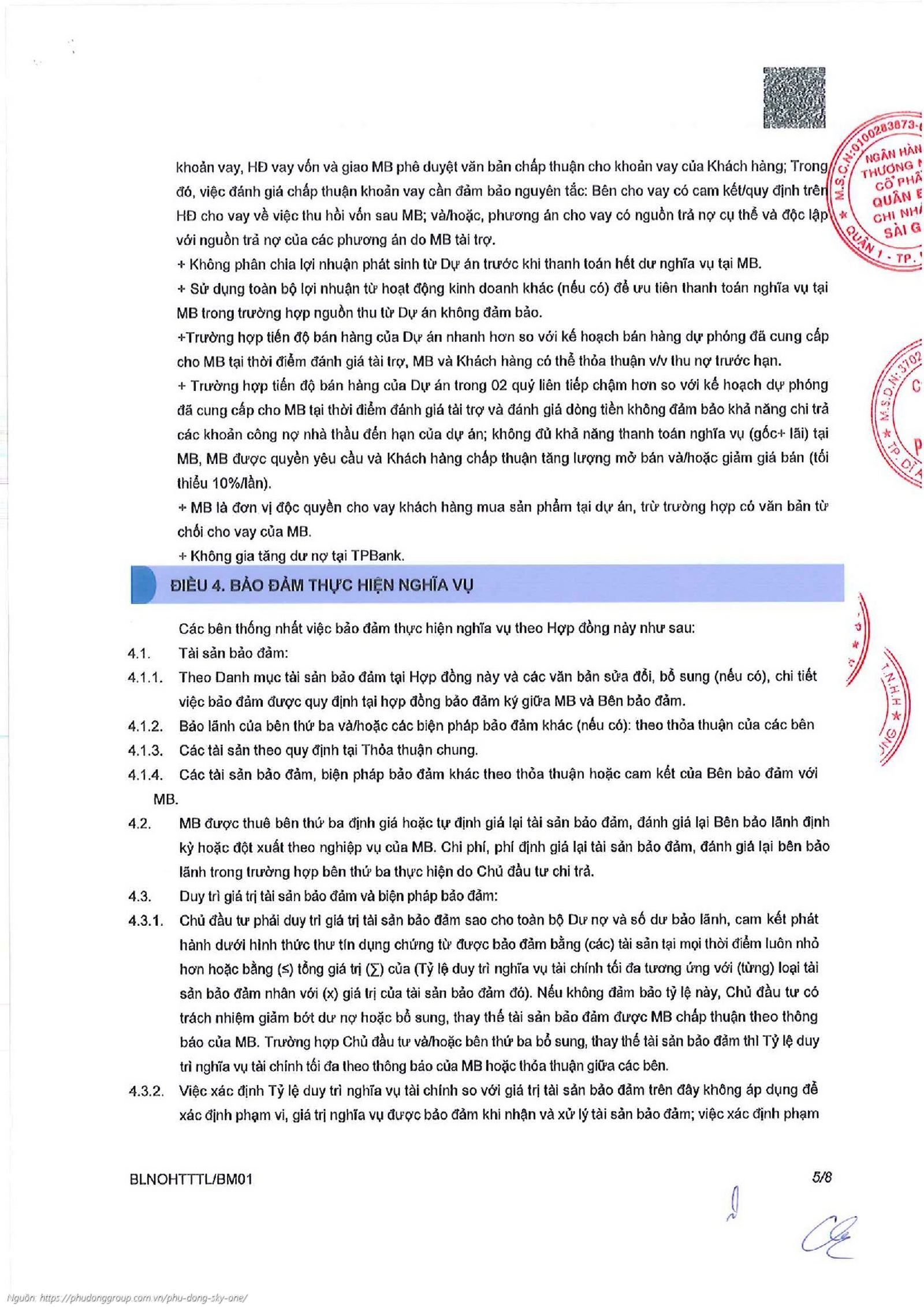 Văn bản Hợp đồng Bảo lãnh của Ngân hàng MBBank cho dự án Phú Đông SkyOne.