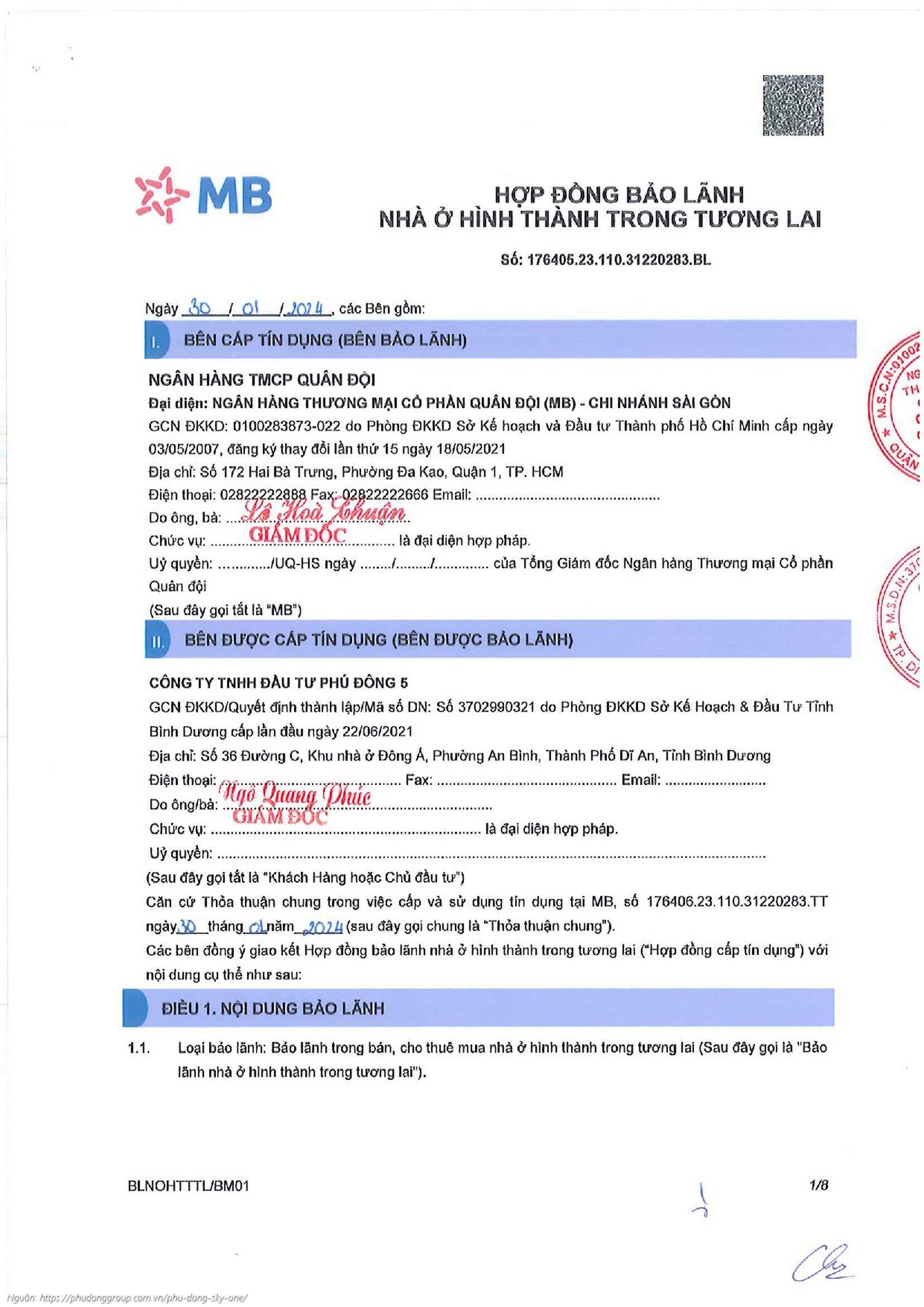 Văn bản Hợp đồng Bảo lãnh của Ngân hàng MBBank cho dự án Phú Đông SkyOne.
