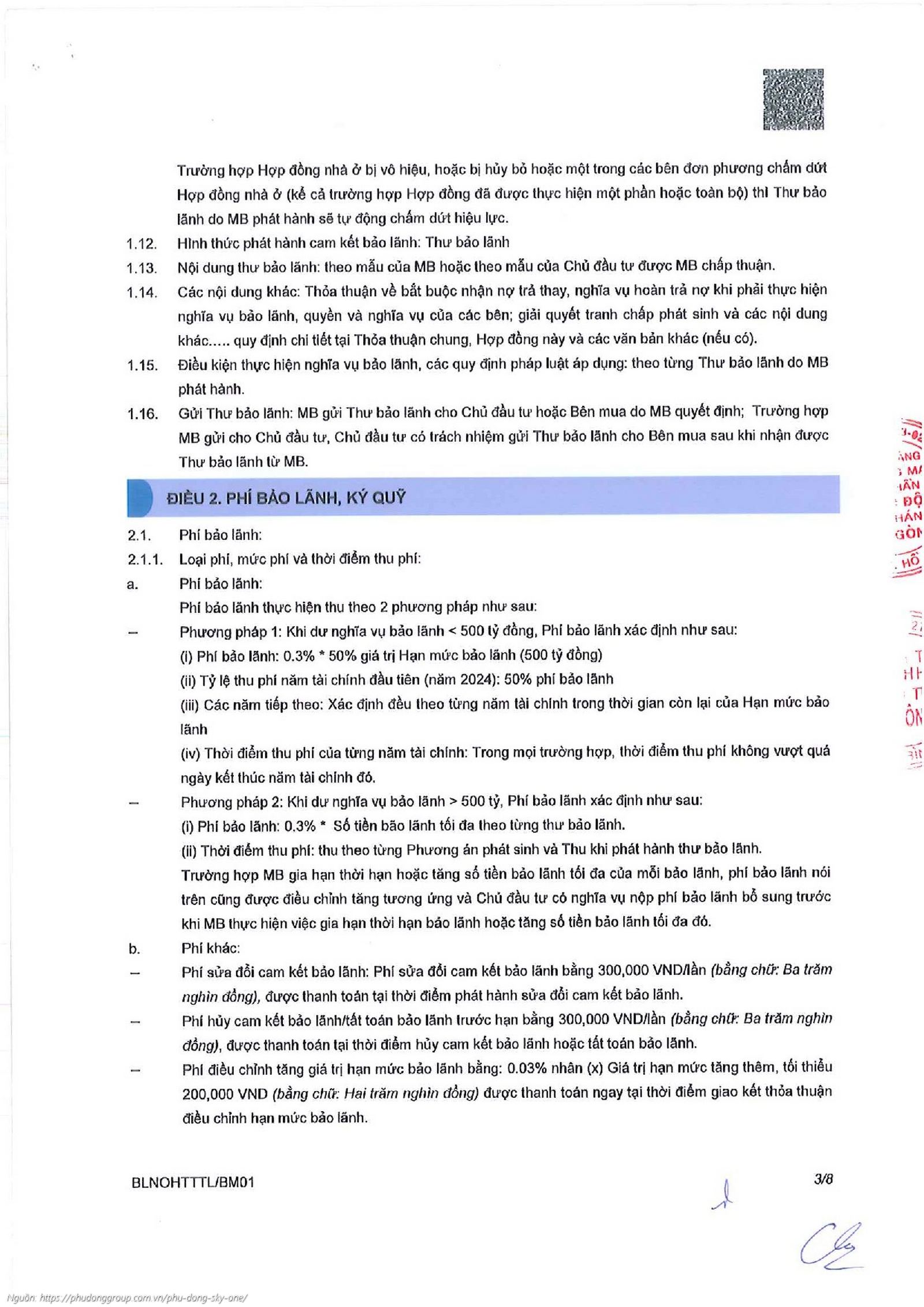 Văn bản Hợp đồng Bảo lãnh của Ngân hàng MBBank cho dự án Phú Đông SkyOne.