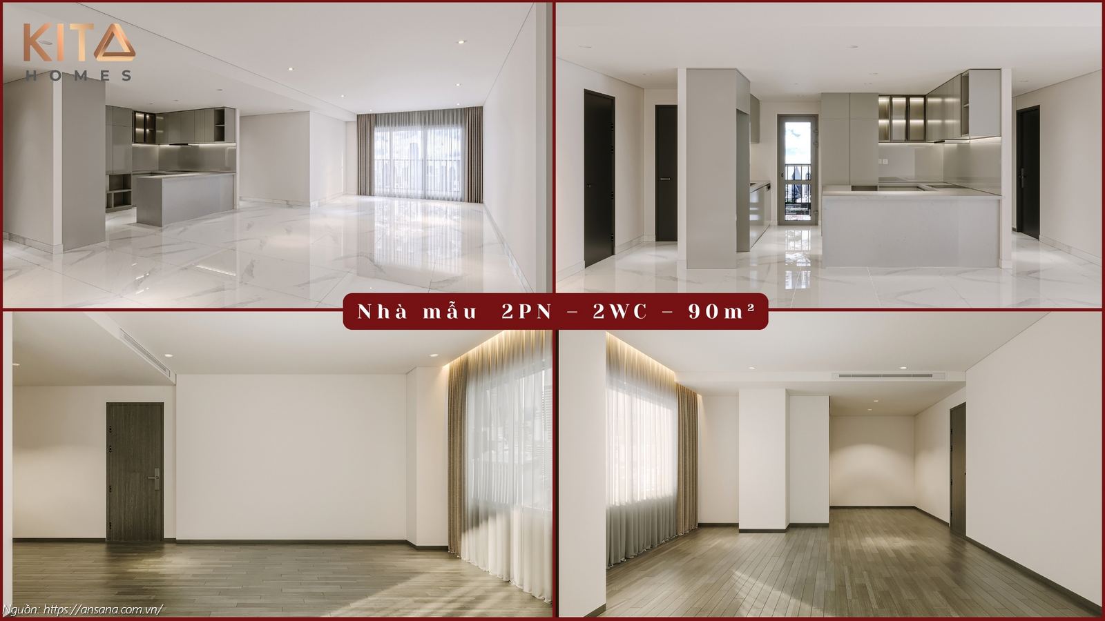 Nhà mẫu căn hộ 2PN - 2WC diện tích 90m2 dự án Ansana By Kita Võ Văn Kiệt