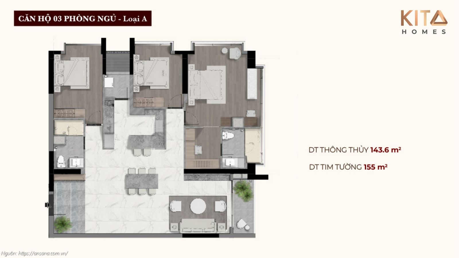 Thiết kế căn hộ 3 phòng ngủ Loại A diện tích lớn 155m2 dự án Ansana by Kita