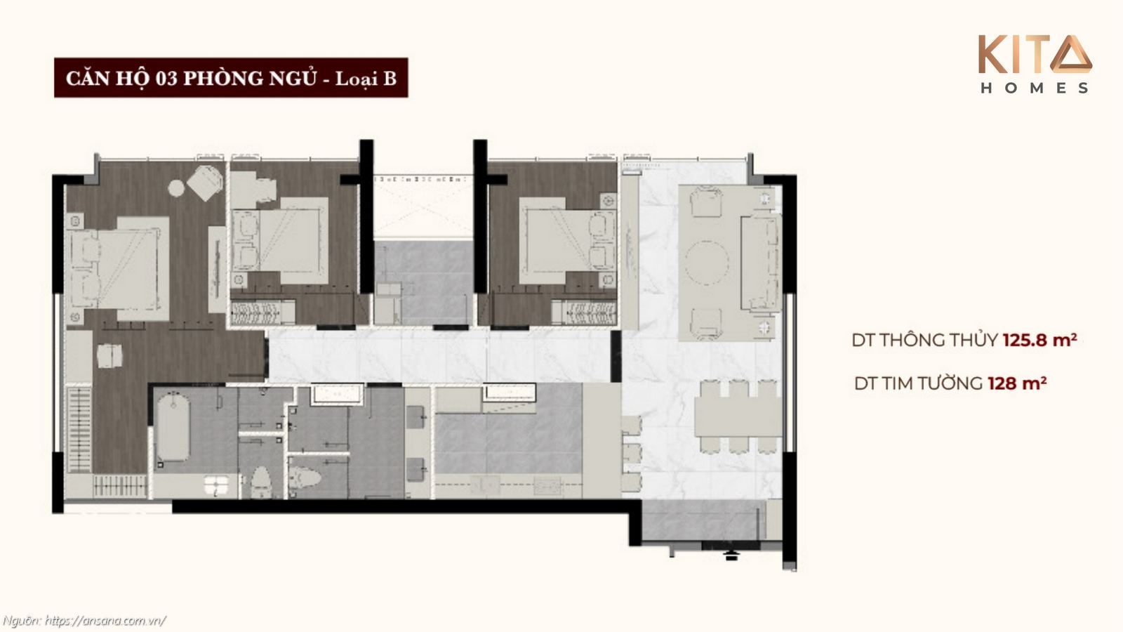 Thiết kế căn hộ 3 phòng ngủ Loại B diện tích 128m2 tại dự án Ansana by Kita