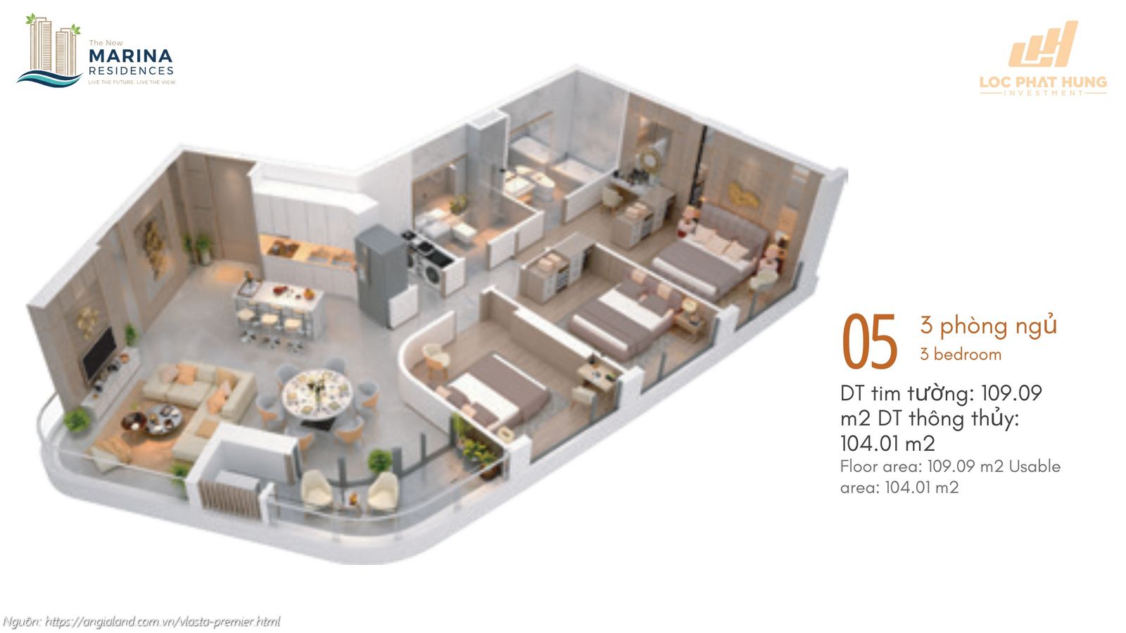 Thiết kế chi tiết căn hộ số 05 (3 phòng ngủ) diện tích 109.09 m2 dự án Vlasta Premier Quận 7