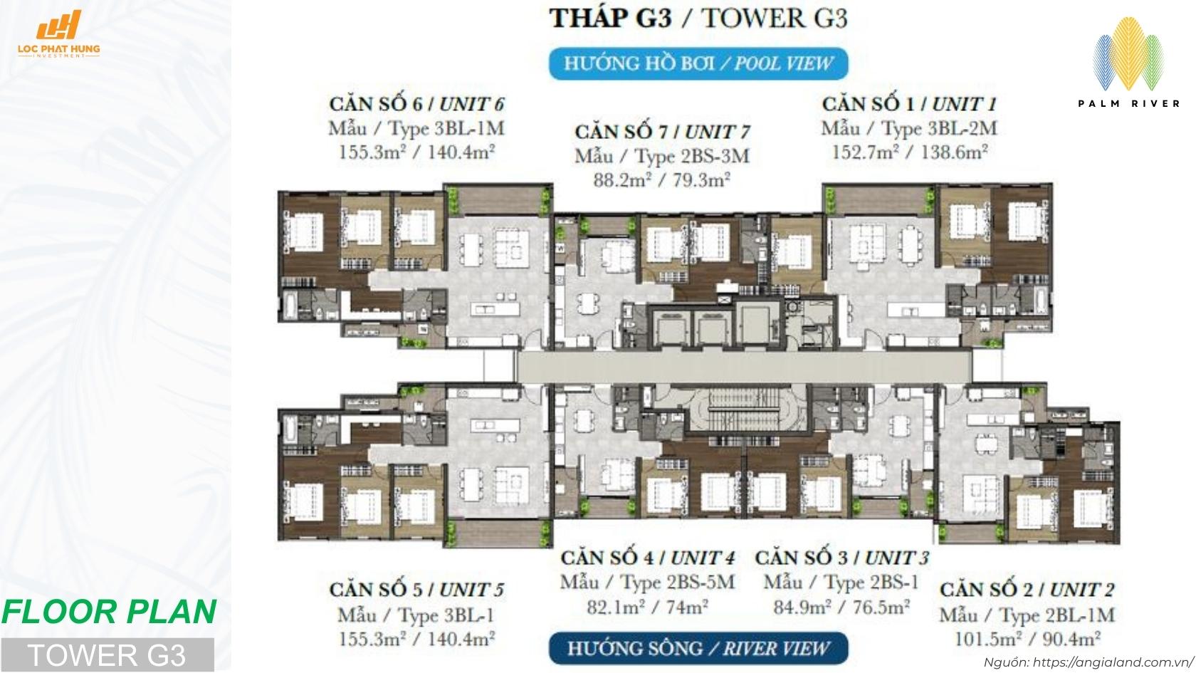 Mặt bằng tầng điển hình Tháp G3 dự án căn hộ Palm River Quận 2 - View sông và View hồ bơi