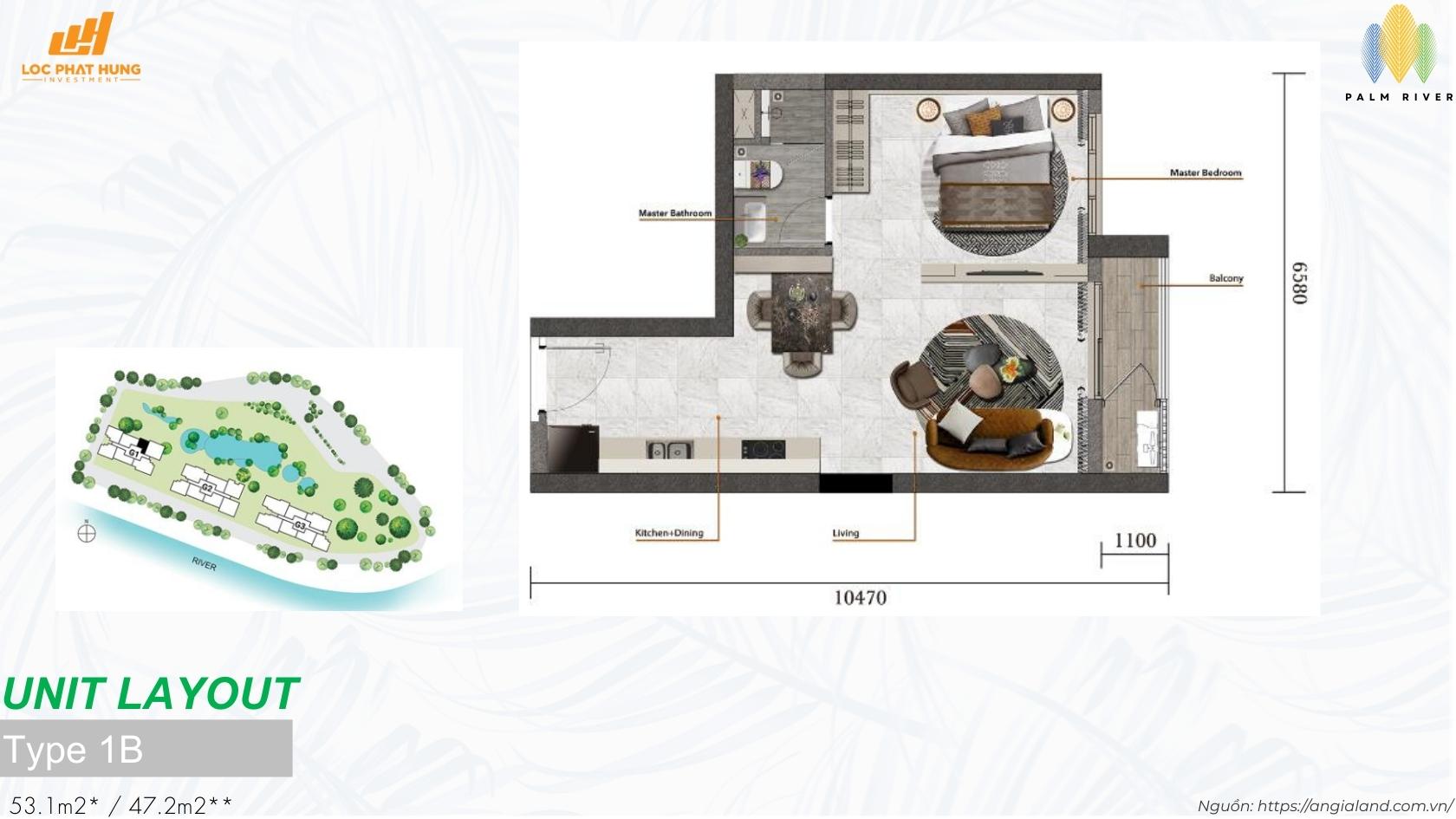 Mặt bằng thiết kế căn hộ 1 phòng ngủ Type 1B dự án Palm River Quận 2 (53.1m2)