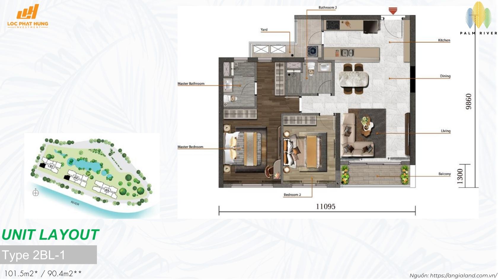 Mặt bằng thiết kế căn hộ 2 phòng ngủ lớn Type 2BL-1 dự án Palm River Quận 2 (101.5m2)