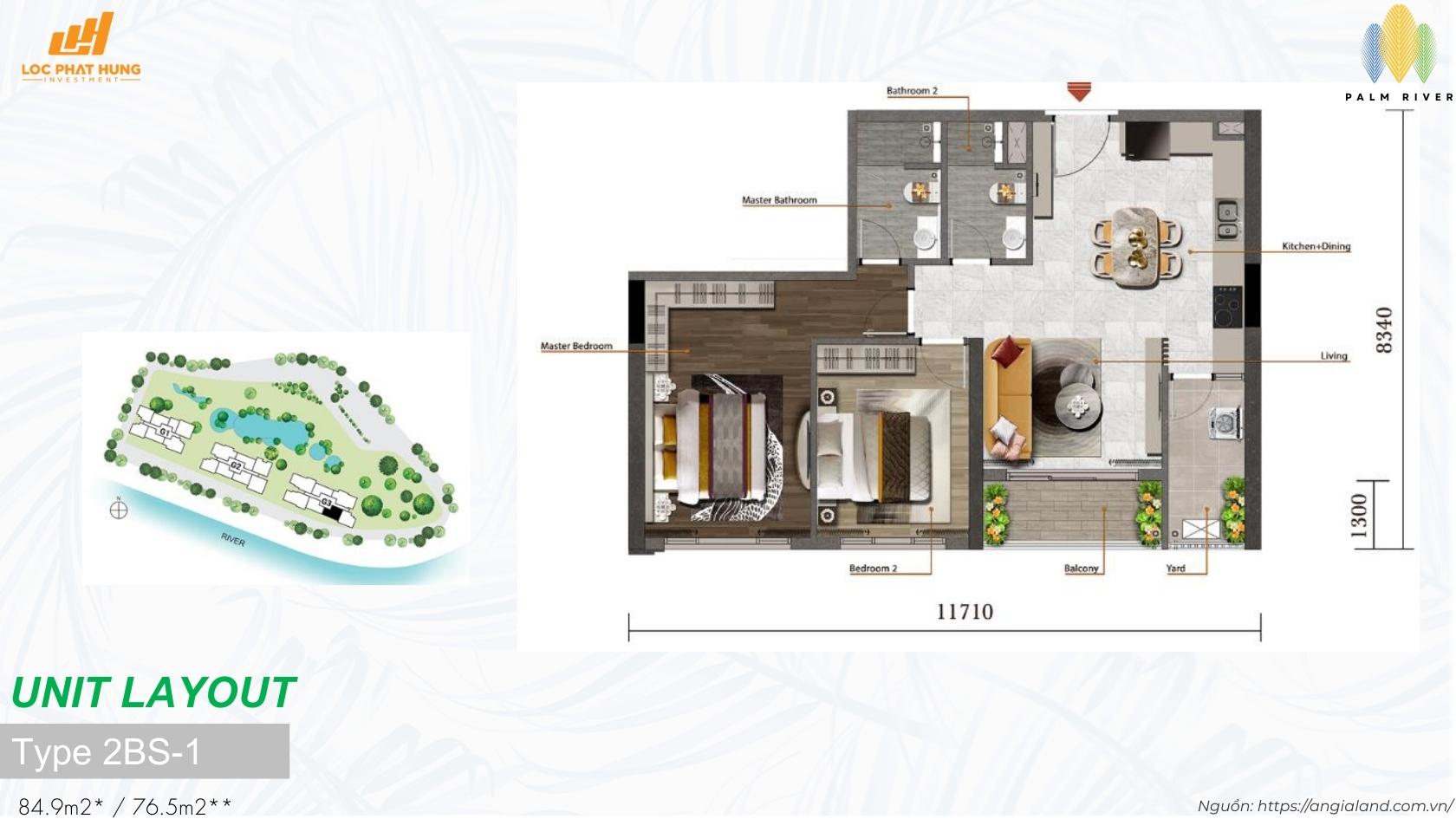 Mặt bằng thiết kế căn hộ 2 phòng ngủ Type 2BS-1 dự án Palm River Quận 2 (84.9m2)