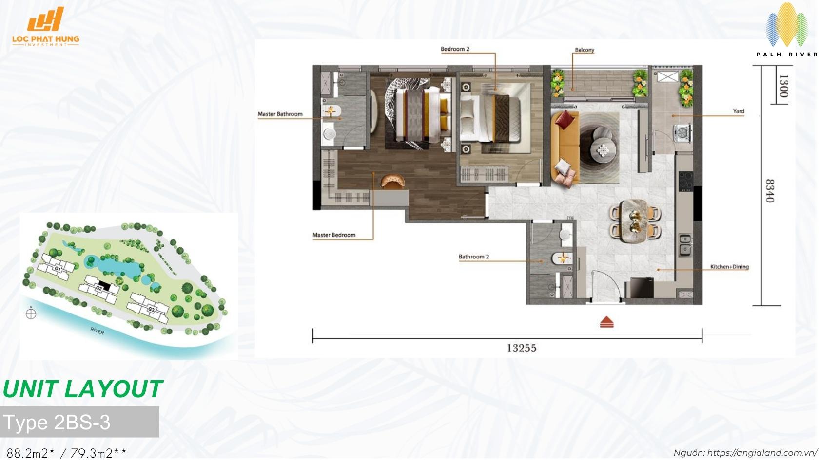 Mặt bằng thiết kế căn hộ 2 phòng ngủ Type 2BS-3 dự án Palm River Quận 2 (88.2m2)