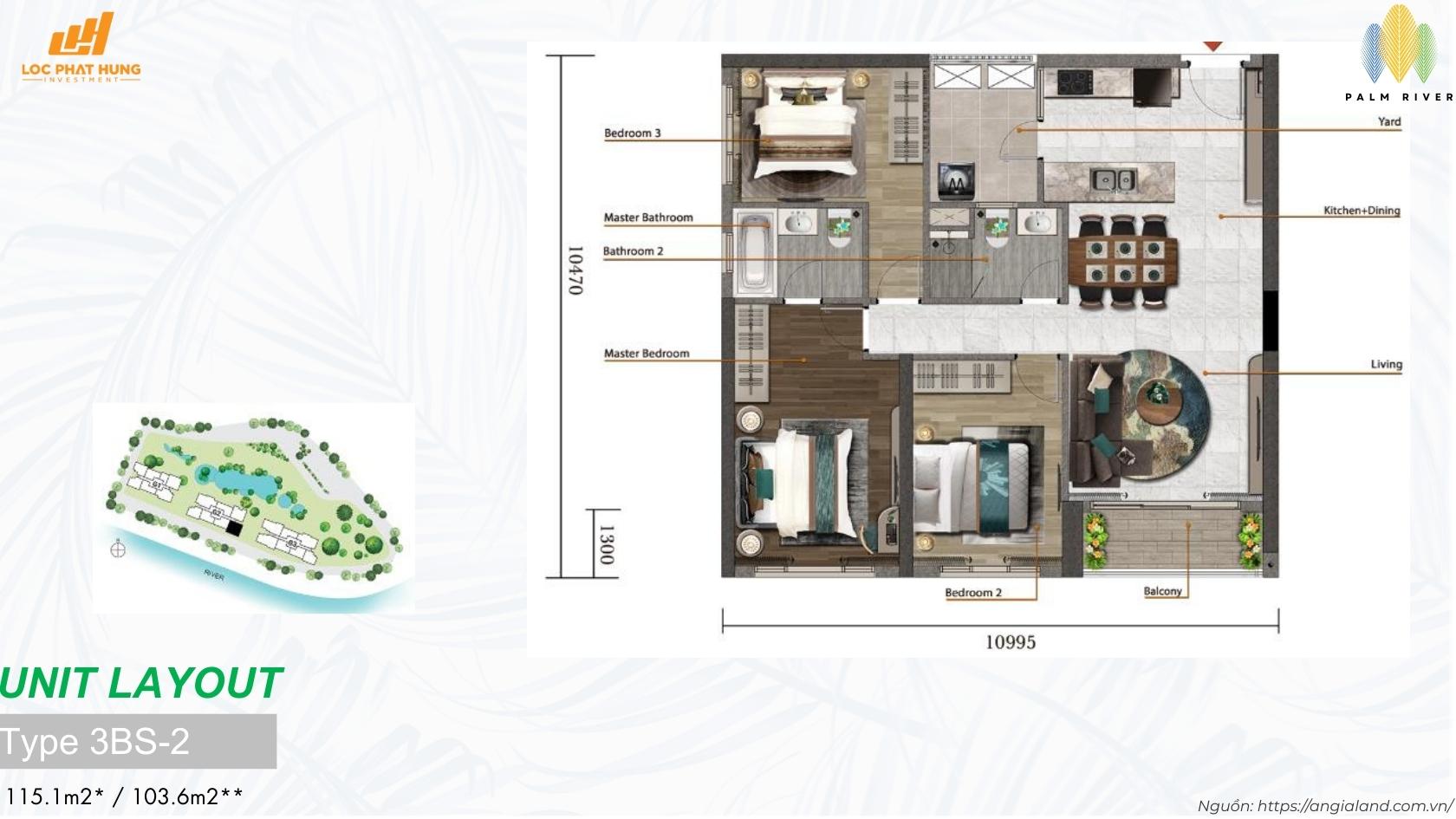 Mặt bằng thiết kế căn hộ 3 phòng ngủ Type 3BS-2 dự án Palm River Quận 2 (115.1m2)
