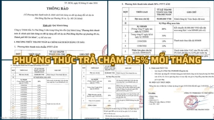 Phương thức thanh toán trả chậm 0.5% mỗi tháng khi mua căn hộ Phú Đông SkyOne Dĩ An Bình Dương